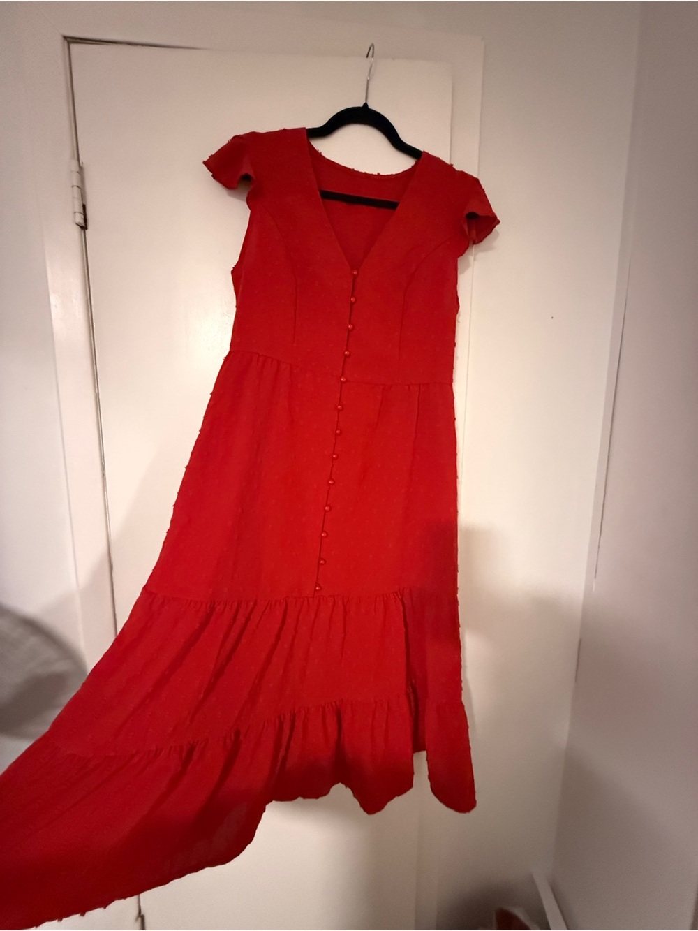 Red Tiered Button-Front women’s Dress - Picture 3 of 5